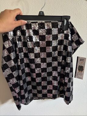 Madden NYC Black & Silver Sequin Checkerboard Mini Skirt